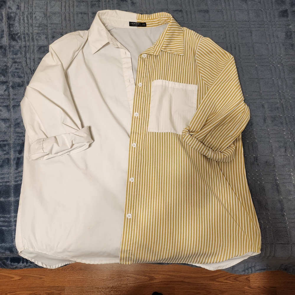 SHEIN Casual White and Yellow Button Down Shirt